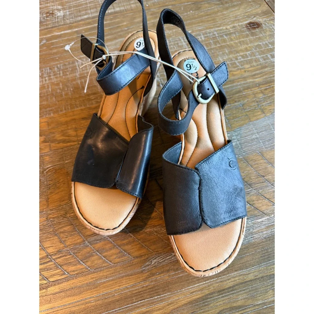 NEW Born Black Leather Cork Wedge Sandals‎ Womens 9.5 Comfort Boho Buckle Earthy